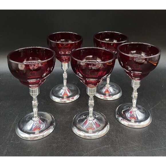 Moondrop Ruby Red Glass Cordial W/ Metal chrome Stem Martinsville Set 5 - Picture 4 of 12